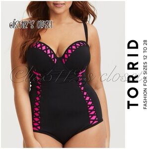 Torrid Black & Pink Lattice Peekaboo Push-Up Demi One Piece Swimsuit 4X 26